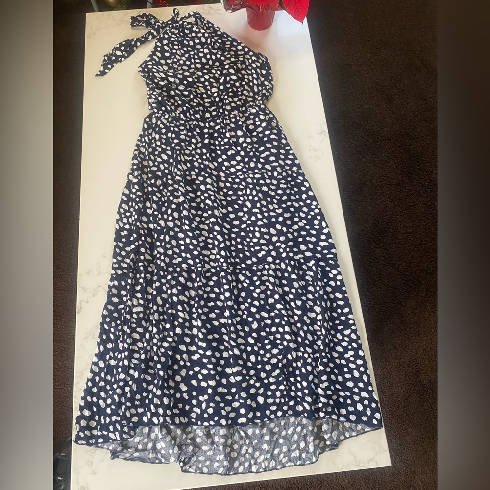 Chic Navy and White Polka Dot Halter Dress - Picture 3 of 4